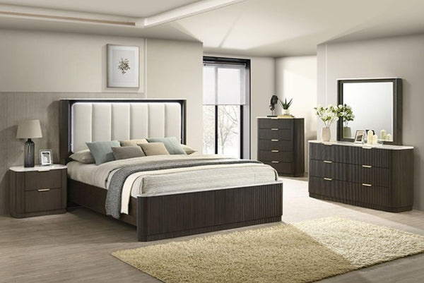 Laura Bed Leatherette Channel LED Headboard Modern bedroom with dark wood furniture including a bed, nightstands, and dresser.