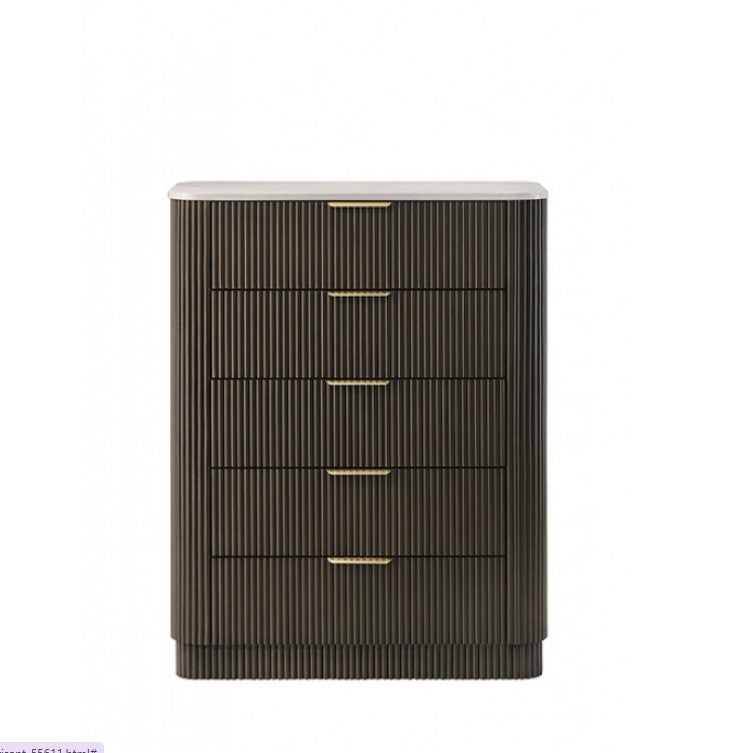 Laura Modern Dark Walnut Artificial Marble Top Chest Modern bedroom with a black striped dresser and decorative items.