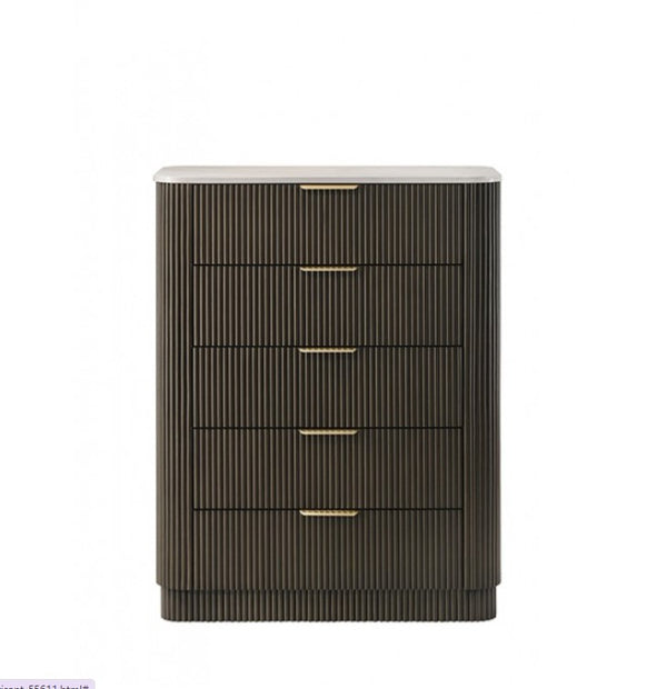 Laura Modern Dark Walnut Artificial Marble Top Chest Dark wooden dresser with gold handles on a white background
