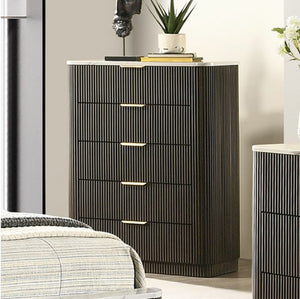 Laura Modern Dark Walnut Artificial Marble Top Chest Modern bedroom with a black striped dresser and decorative items.