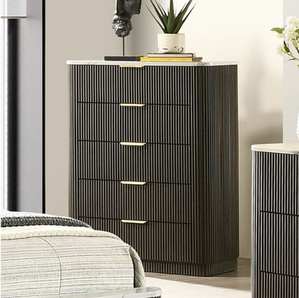 Laura Modern Dark Walnut Artificial Marble Top Chest Modern bedroom with a black striped dresser and decorative items.