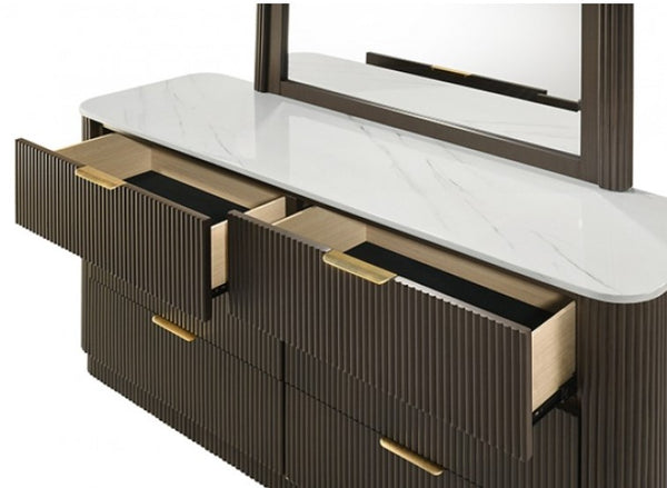 Laura Modern Dark Walnut Artificial Marble Top Dresser Bathroom vanity with marble countertop and gold handles on a white background