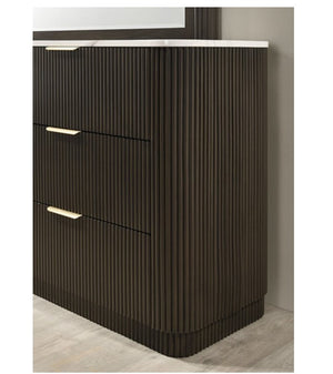Laura Modern Dark Walnut Artificial Marble Top Dresser Dark wood bathroom vanity with two drawers and a mirror above on a light gray wall.