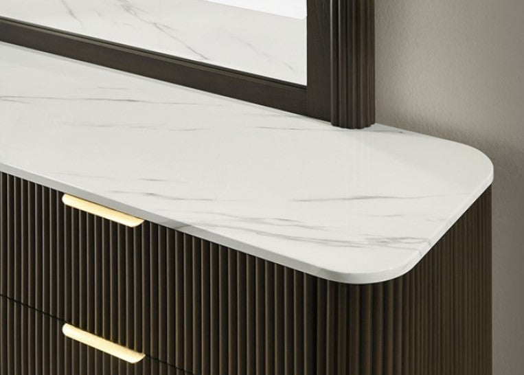 Laura Modern Dark Walnut Artificial Marble Top Dresser Dresser with marble top and mirror in a room setting