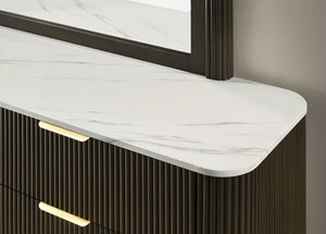 Laura Modern Dark Walnut Artificial Marble Top Dresser Close-up of a modern console table with marble top and dark wood base.