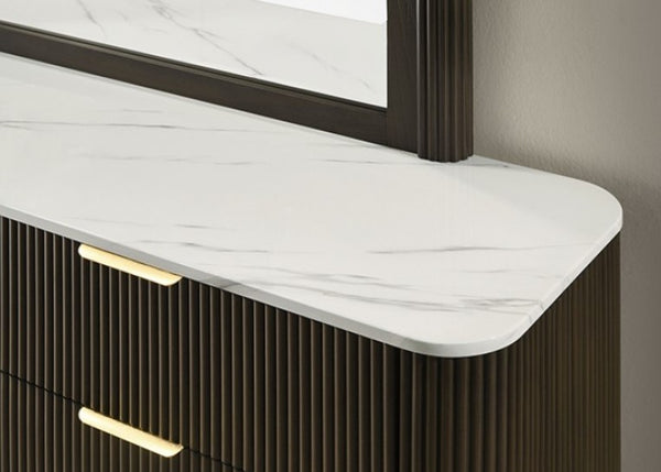 Laura Modern Dark Walnut Artificial Marble Top Dresser Close-up of a modern console table with marble top and dark wood base.