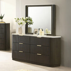 Laura Modern Dark Walnut Artificial Marble Top Dresser Dresser with marble top and mirror in a room setting