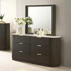 Laura Modern Dark Walnut Artificial Marble Top Dresser Dresser with marble top and mirror in a room setting