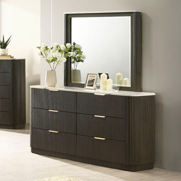 Laura Modern Dark Walnut Artificial Marble Top Dresser Dresser with marble top and mirror in a room setting