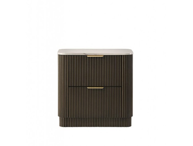 Laura Modern Dark Walnut Artificial Marble Top Nightstand Brown nightstand with marble top in a bedroom setting