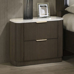 Laura Modern Dark Walnut Artificial Marble Top Nightstand Brown nightstand with marble top in a bedroom setting