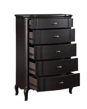 Lesley Dark Brown Chest A five-drawer chest of drawers in a dark distressed finish, featuring curved drawer fronts, small round metal pulls, and curved legs, shown on a plain white background.