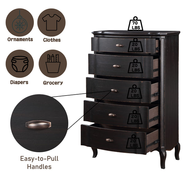 Lesley Dark Brown Chest Black dresser with labeled drawers and weight indicators on a white background