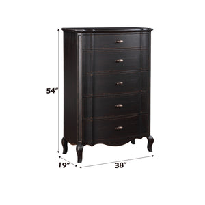 Lesley Dark Brown Chest Black dresser with dimensions on a white background