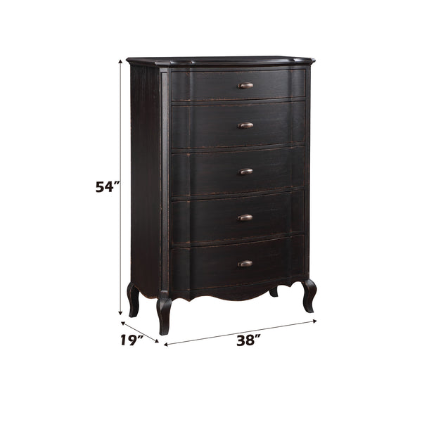 Lesley Dark Brown Chest Black dresser with dimensions on a white background
