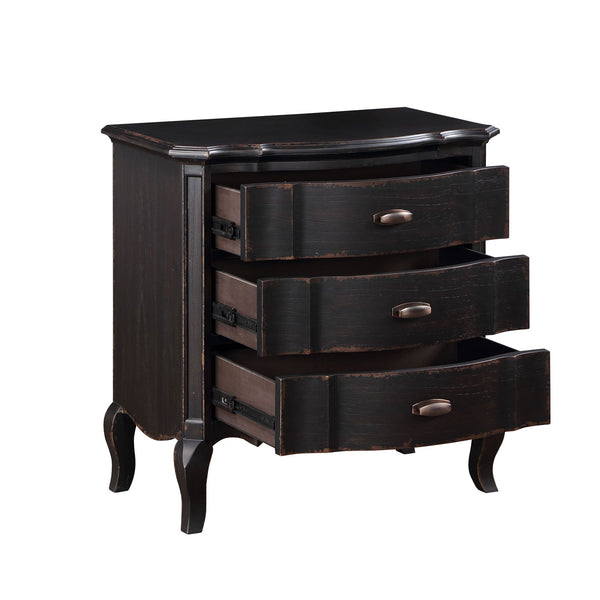 Lesley Dark Brown Nightstand A dark brown distressed wood nightstand with three curved drawers pulled out slightly, featuring curved legs and metallic drawer pulls, shown on a white background.