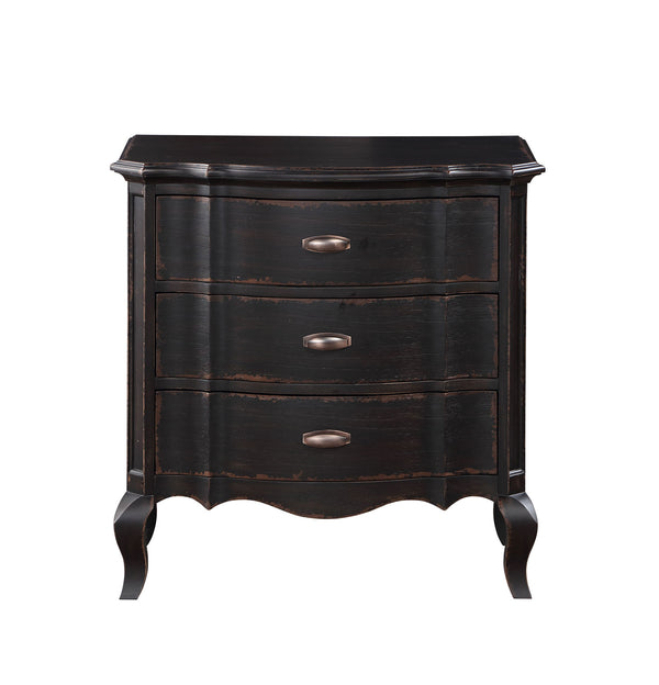 Lesley Dark Brown Nightstand A three-drawer nightstand with a distressed dark brown wood finish, featuring curved drawer fronts, decorative cabriole-style legs, and oval metallic pull handles, shown against a plain white background.