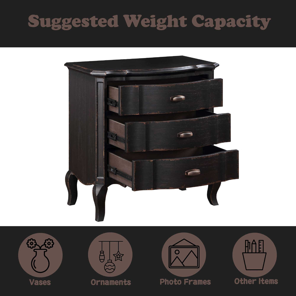 Lesley Dark Brown Nightstand Dark wooden dresser with three drawers on a white background