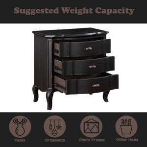 Lesley Dark Brown Nightstand Dark wooden dresser with three drawers on a white background, labeled 'Suggested Weight Capacity'.