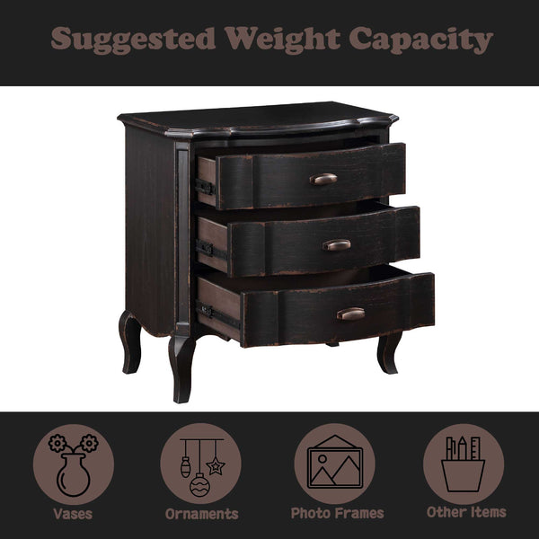 Lesley Dark Brown Nightstand Dark wooden dresser with three drawers on a white background, labeled 'Suggested Weight Capacity'.