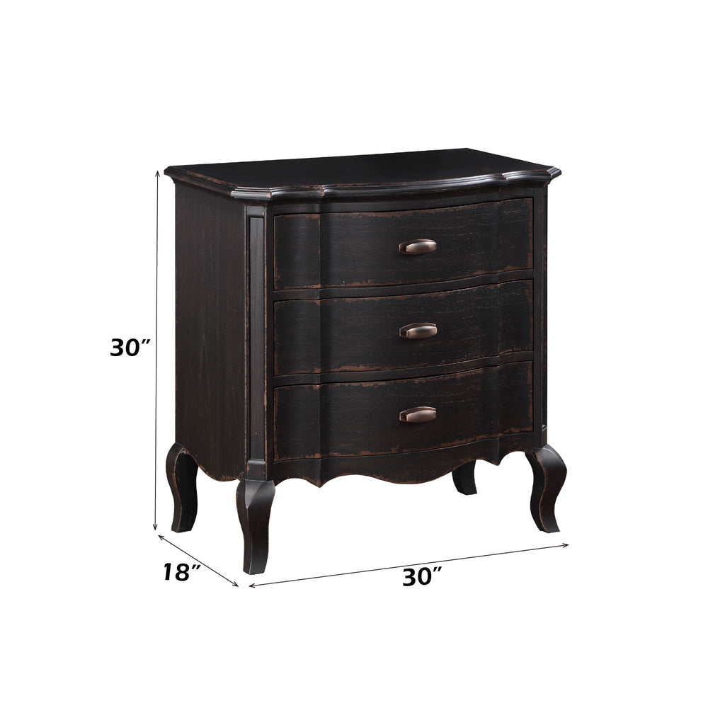 Lesley Dark Brown Nightstand Dark wooden dresser with three drawers on a white background