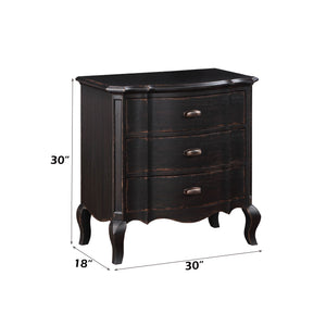 Lesley Dark Brown Nightstand Black dresser with dimensions labeled on a white background