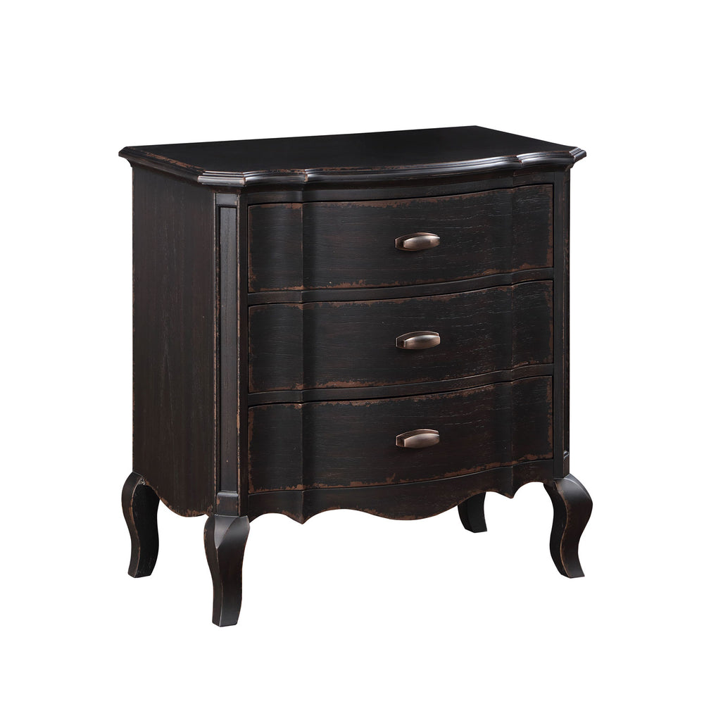 Lesley Dark Brown Nightstand Dark wooden dresser with three drawers on a white background
