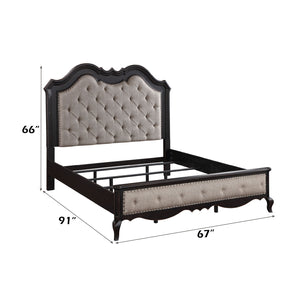 Lesley Button Tufted Camel Back Headboard Bed A dark wood bed frame with tufted beige upholstered headboard and footboard, shown with dimension lines and labels indicating 66 inches height, 91 inches width, and 67 inches depth on a white background.