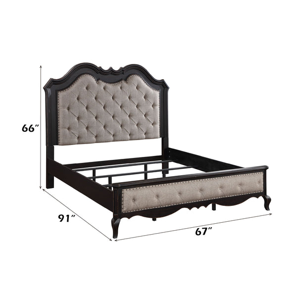 Lesley Button Tufted Camel Back Headboard Bed A dark wood bed frame with tufted beige upholstered headboard and footboard, shown with dimension lines and labels indicating 66 inches height, 91 inches width, and 67 inches depth on a white background.