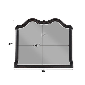 Lesley Camel Back Mirror A black arched wall mirror with dimension markings showing 39 inches tall, 46 inches wide, and a center height of 35 inches, on a plain white background.