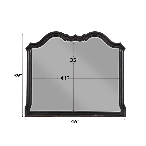 Lesley Camel Back Mirror A black arched wall mirror with dimension markings showing 39 inches tall, 46 inches wide, and a center height of 35 inches, on a plain white background.
