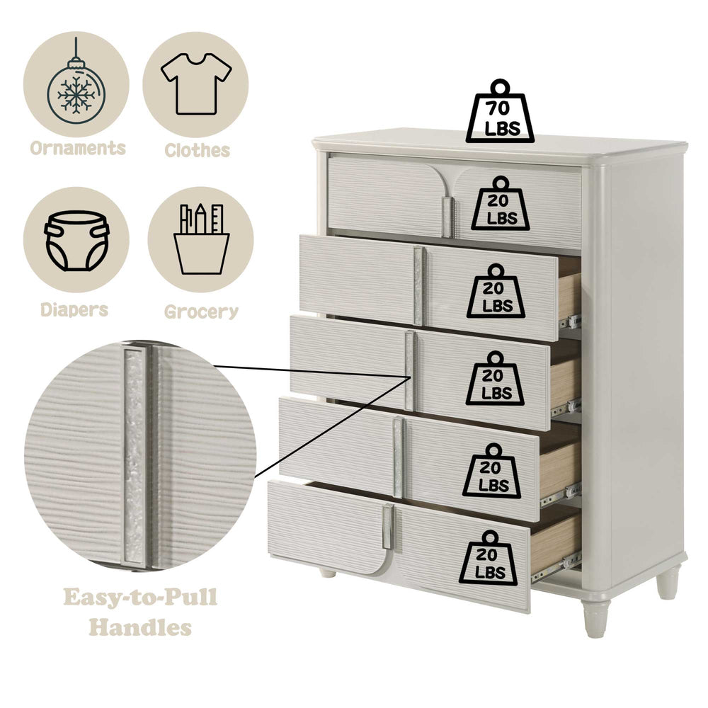 Liberia Modern Bedroom Chest Collection White dresser with multiple drawers on a white background