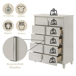 Liberia Modern Bedroom Chest Collection White dresser with labeled weight capacities and features on a white background