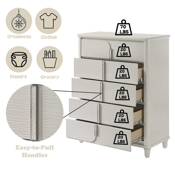 Liberia Modern Bedroom Chest Collection White dresser with labeled weight capacities and features on a white background