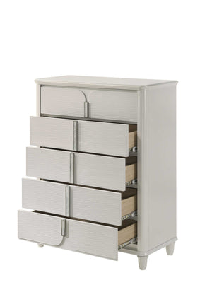 Liberia Modern Bedroom Chest Collection Beige dresser with multiple drawers on a white background