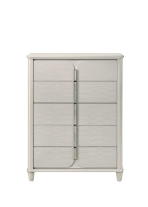 Liberia Modern Bedroom Chest Collection White dresser with horizontal slat design on a white background