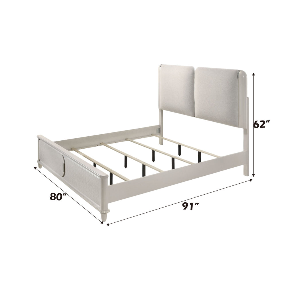 Liberia Modern Bedroom Collection Modern bedroom set with white furniture, including bed, dressers, and nightstands, in a well-lit room.