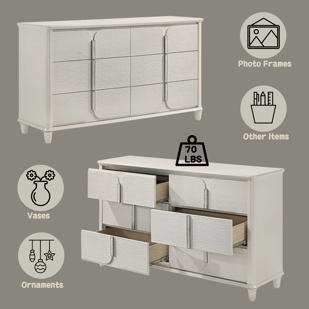 Liberia Modern Bedroom Dresser Collection White dresser with wicker-like texture on a white background