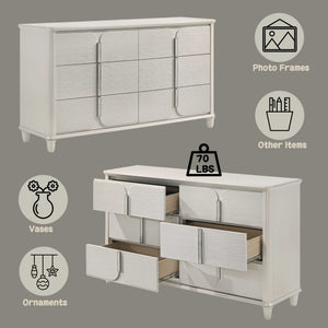 Liberia Modern Bedroom Dresser Collection White dresser with open drawer on a gray background, surrounded by icons and text.