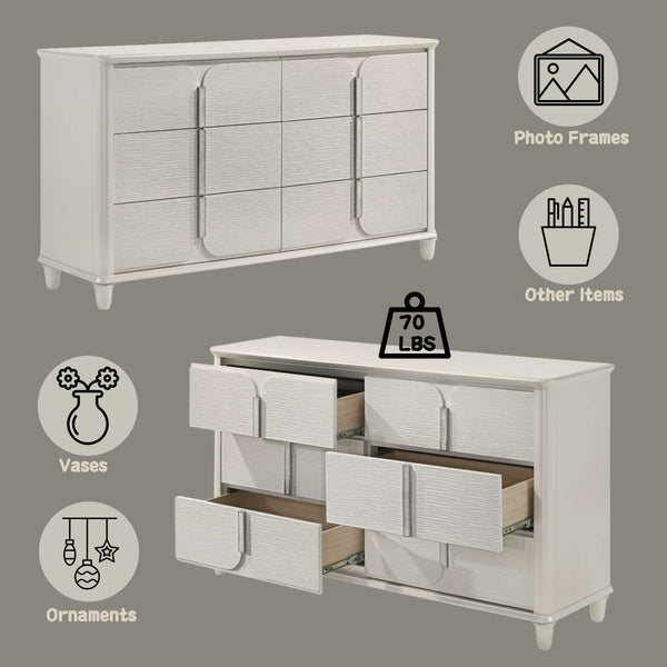 Liberia Modern Bedroom Dresser Collection White dresser with open drawer on a gray background, surrounded by icons and text.