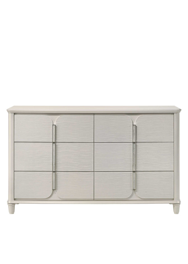 Liberia Modern Bedroom Dresser Collection Light gray sideboard with glass doors on a white background