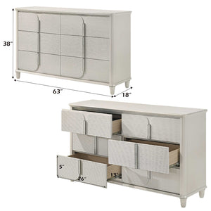 Liberia Modern Bedroom Dresser Collection Gray dresser with dimensions displayed on a white background