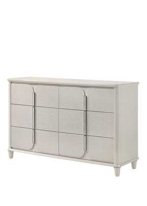 Liberia Modern Bedroom Dresser Collection White dresser with wicker-like texture on a white background