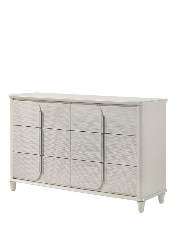 Liberia Modern Bedroom Dresser Collection White dresser with wicker-like texture on a white background