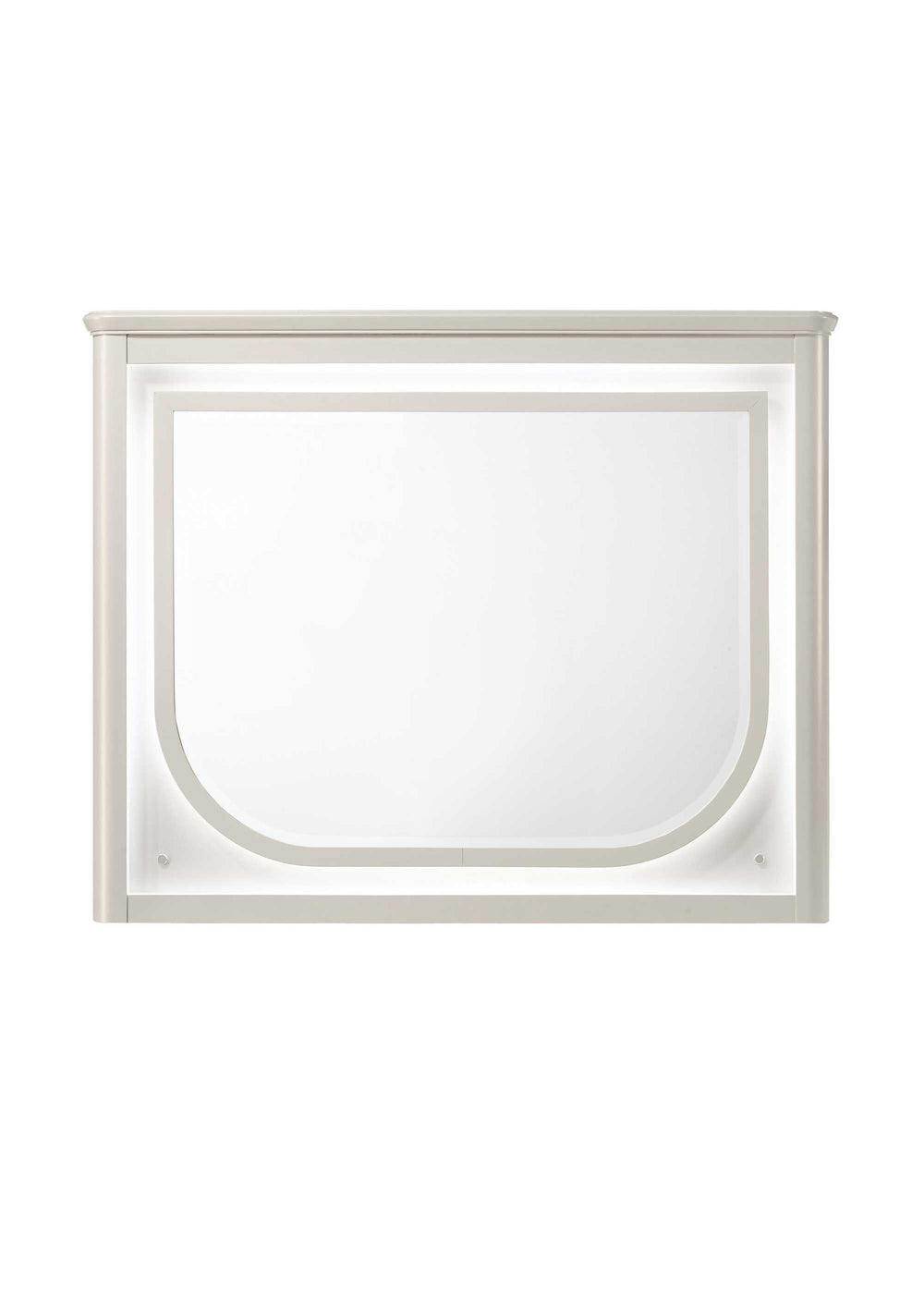 Liberia Modern Bedroom Mirror Collection White dresser with a mirror above it against a white wall.