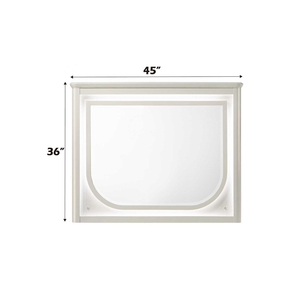 Liberia Modern Bedroom Mirror Collection White dresser with a mirror above it against a white wall.