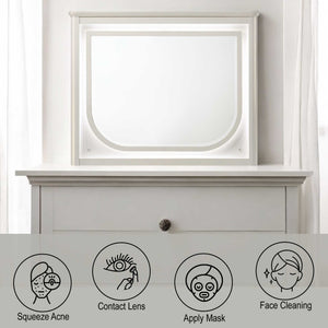 Liberia Modern Bedroom Mirror Collection Mirror on a white dresser with icons and text indicating skincare steps.