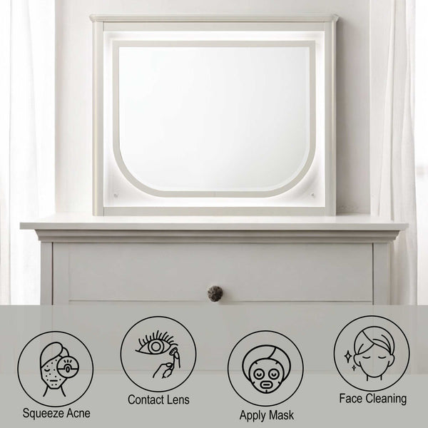 Liberia Modern Bedroom Mirror Collection Mirror on a white dresser with icons and text indicating skincare steps.