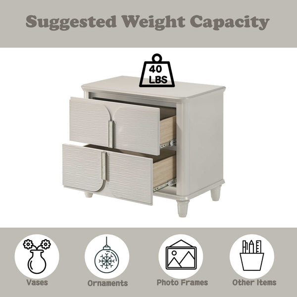 White dresser with open drawers and weight capacity label on a white background