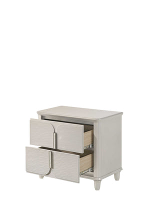 Beige nightstand with two drawers on a white background